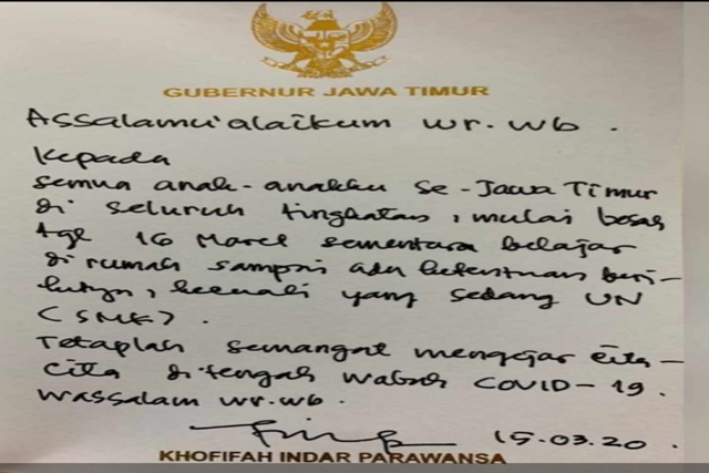 Gubernur Jatim Liburkan SMK, SMA, dan MA Kecuali Siswa Ujian