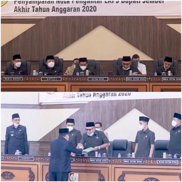 Bupati Hendy menerima berkas Laporan LPKJ TA 2020 Era Kepemimpinan mantan Bupati Faida untuk Disampaikan di Sidang Paripurna DPRD Kabupaten Jember.jpg